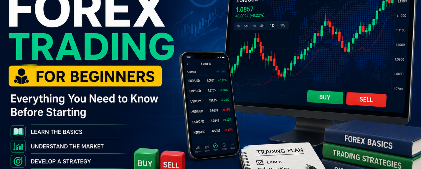 A complete guide to Forex Trading for Beginners highlighting currency charts on a laptop screen.