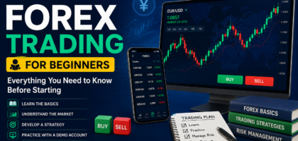A complete guide to Forex Trading for Beginners highlighting currency charts on a laptop screen.