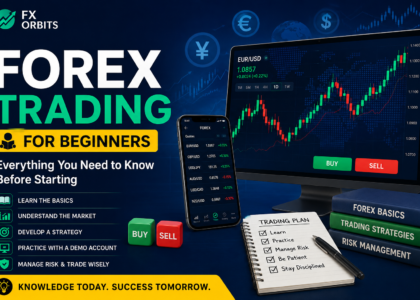 A complete guide to Forex Trading for Beginners highlighting currency charts on a laptop screen.