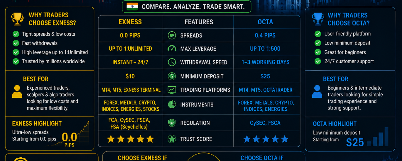 Exness vs Octa comparison for forex trading platforms in India.