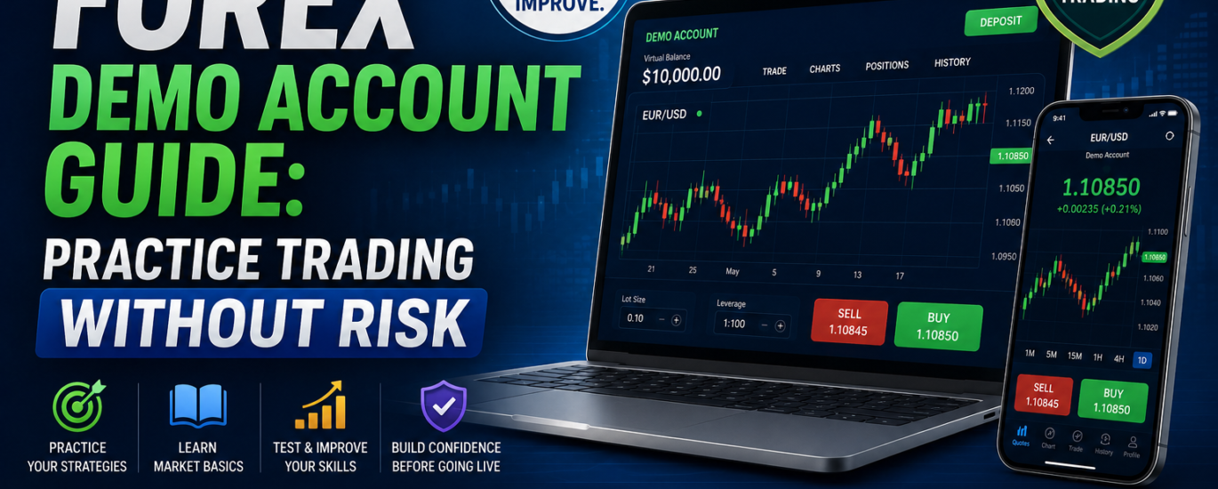 A trader analyzing currency charts using a Forex Demo Account on a laptop.