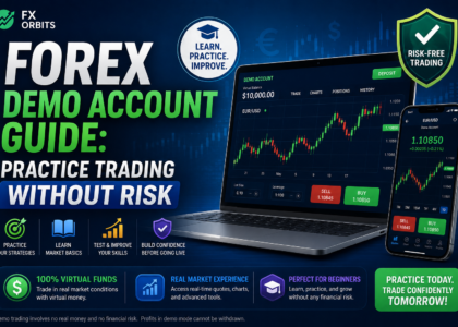 A trader analyzing currency charts using a Forex Demo Account on a laptop.